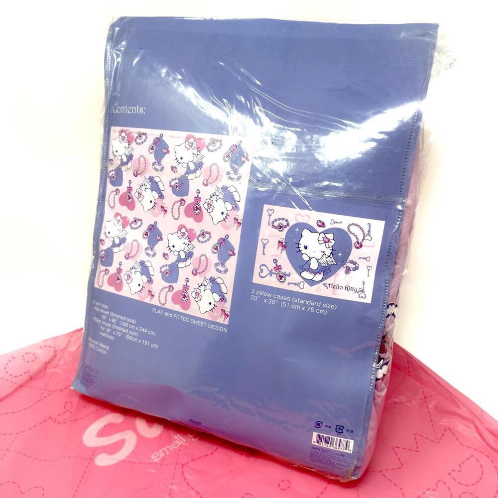 Sanrio Hello Kitty Sheet Set Pink Purple Twin Bedding 2007 Pillowcase Cat‎ Angel - Picture 2 of 6